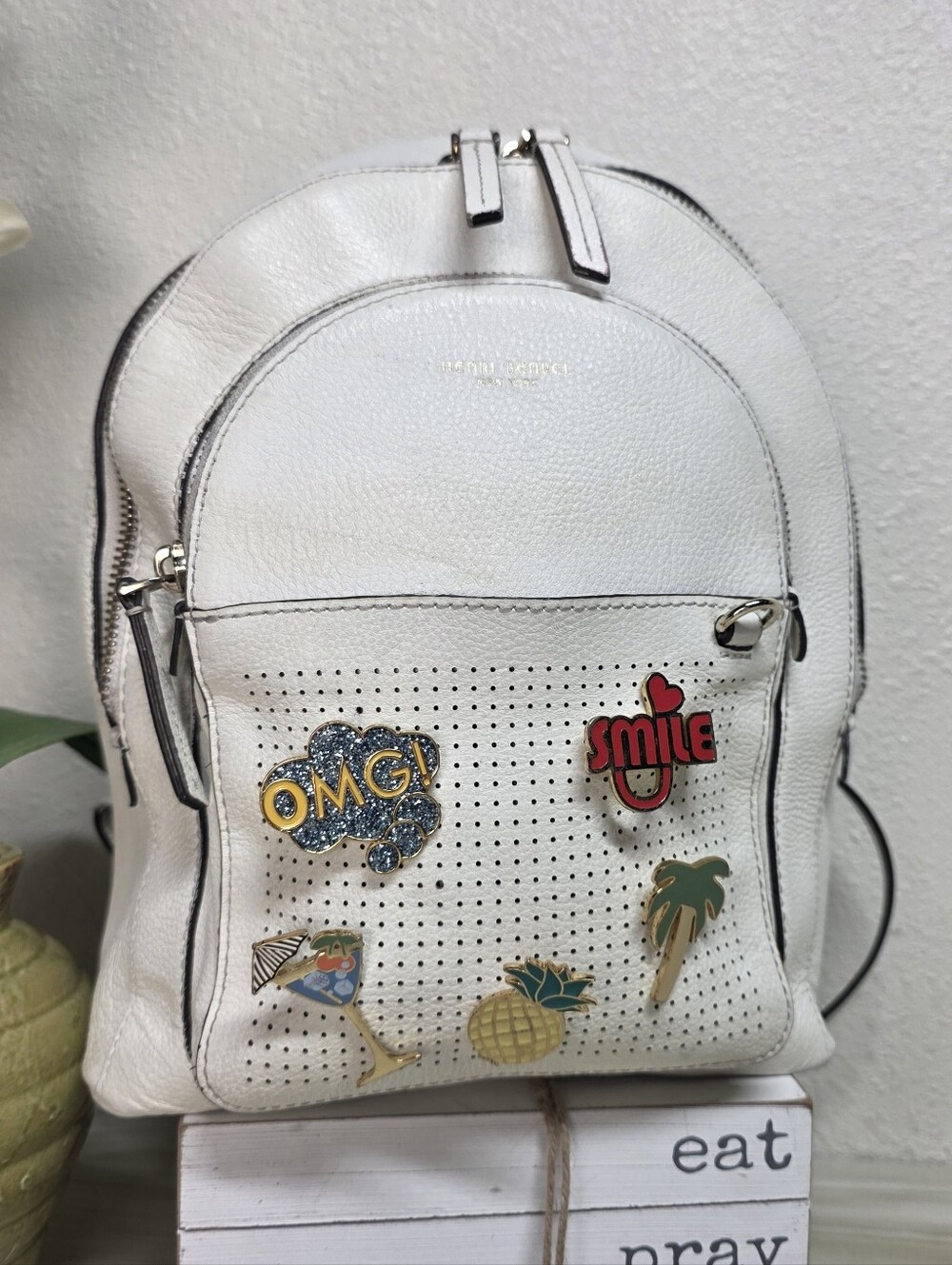 Henri Bendel Off White Backpack with Henri Bendel Fun Pins
